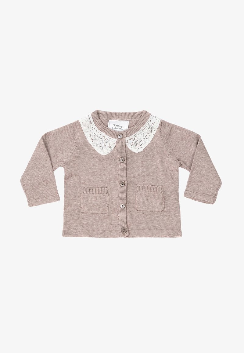 Cardigan color marrone chiaro con maniche lunghe, colletto in pizzo, due tasche frontali e chiusure con bottoni. Materiale morbido in maglia con texture a coste.