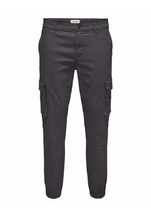 Mörkgrå cargobyxor med elastiska mudd, som har två sidofickor, två cargofickor på benen och knäppbart midjeband. Tillverkade av slitstarkt tyg.