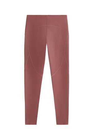 Legginsy wysokiej talii w stonowanym kolorze różowym. Gładki, elastyczny materiał z detalami szwów i dopasowaną sylwetką. Bez kieszeni.