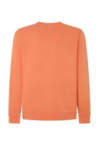 Sudadera naranja con cuello redondo, puños y dobladillo acanalados. Textura suave, mangas largas y diseño sencillo sin patrones ni adornos.