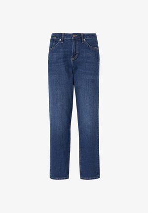 Donkere blauwe spijkerbroek met een rechte pasvorm, voorzien van een knoopsluiting, vijf zakken en subtiele stikdetails langs de naden.