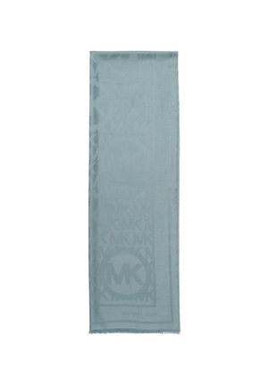 Lichtblauwe rechthoekige sjaal met subtiel reliëf van het Michael Kors "MK" logo patroon en franjes aan de randen.