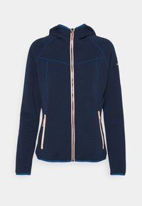 Marinblå hoodie med texturerad tyg, rosa dragkedja och blå detaljer. Har framfickor med dragkedja och en strukturerad huva.