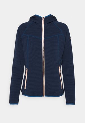 Navy huppari, jossa on teksturoitu kangas, vaaleanpunainen vetoketju ja siniset yksityiskohdat. Ominaisuuksiin kuuluu etupuolen vetoketjulliset taskut ja muotoiltu huppu.