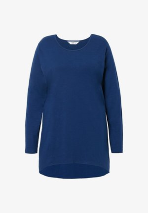 Camisa de manga larga en tejido azul oscuro, con un escote redondeado y un dobladillo curvado, fabricada con material suave y ligero.