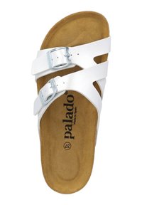 Sandales blanches avec deux brides réglables et boucles en métal. Semelle intérieure en cuir suédé de couleur marron avec le nom de la marque "palado" imprimé. Semelle plate.