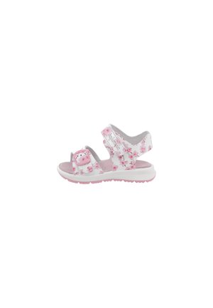 Sandalo bianco e rosa per bambino piccolo con motivo floreale, cinturini regolabili e suola morbida imbottita.