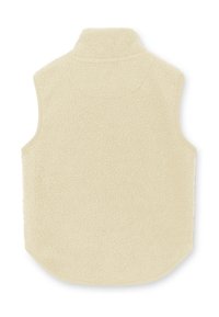 Cremfarbener Fleece-Weste mit hohem Kragen. Verfügt über eine weiche Textur, ärmellos und abgerundetem Saum. Die Kanten sind in Beige eingefasst.