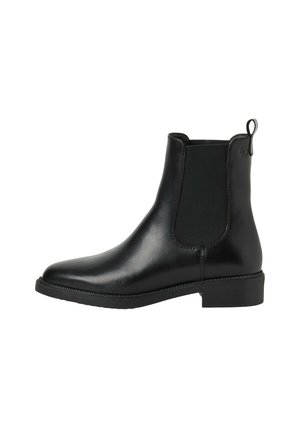 Bottine Chelsea en cuir noir avec panneaux latéraux élastiques, languette à l'arrière, talon bas et bout arrondi.