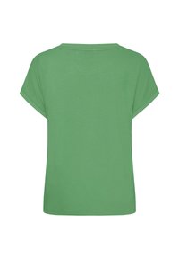 Vihreä lyhythihainen t-paita rentolla istuvuudella, pyöreällä pääntiellä ja sileällä tekstuurilla. Ei näkyviä kuvioita tai korostuksia. Takakuvassa.