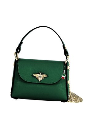 Green leather handbag with a gold bee embellishment, black accents, a top handle, and a golden chain strap. Rectangular shape with textured finish.