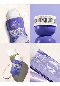 Vier Sol de Janeiro lichaamsverzorgingsproducten in paarse verpakking: Delicia Drench Shower Oil, Delicia Drench Body Butter, Rio Deo en Cheirosa 59 Fragrance.