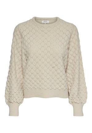 Pull beige en tricot avec motif texturé en forme d'ondulations, manches longues bouffantes, poignets côtelés et col rond côtelé.
