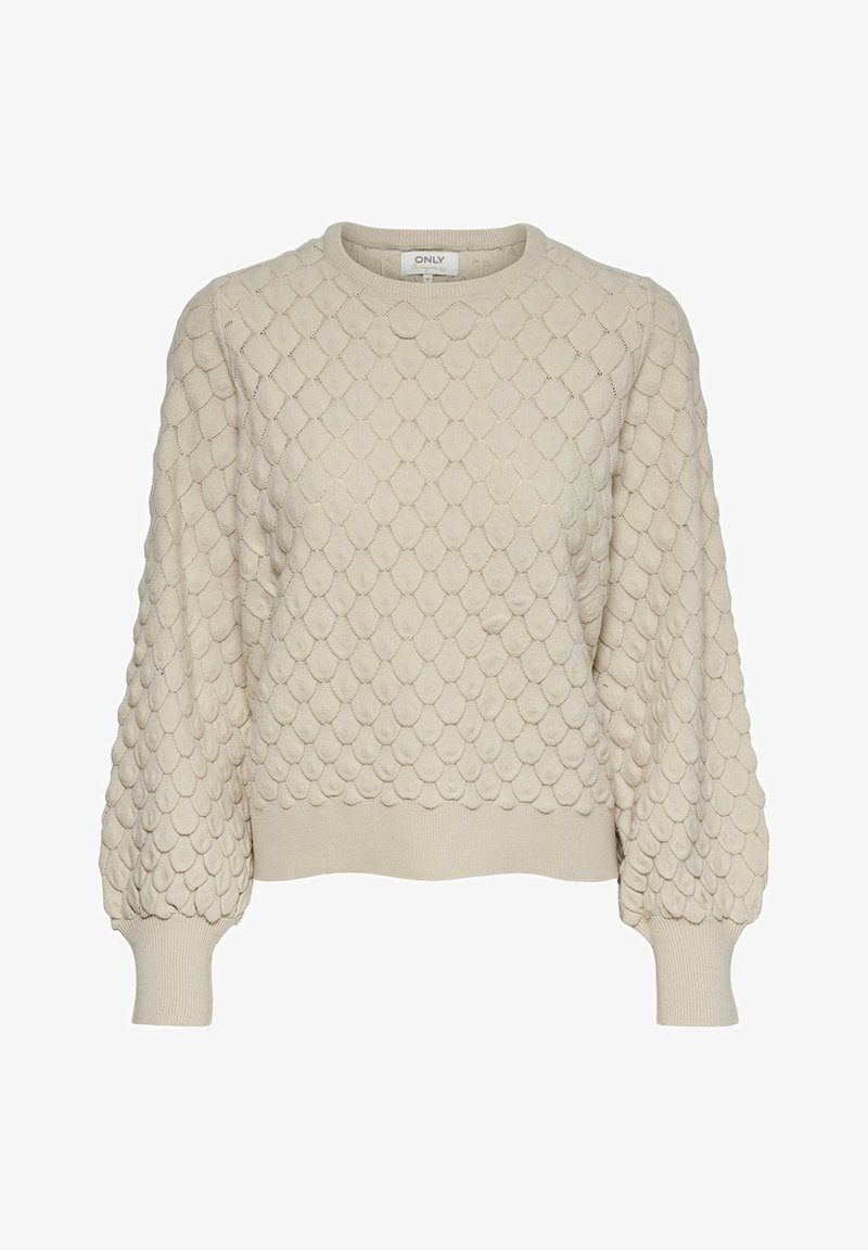 Pull beige en tricot avec motif texturé en forme d'ondulations, manches longues bouffantes, poignets côtelés et col rond côtelé.
