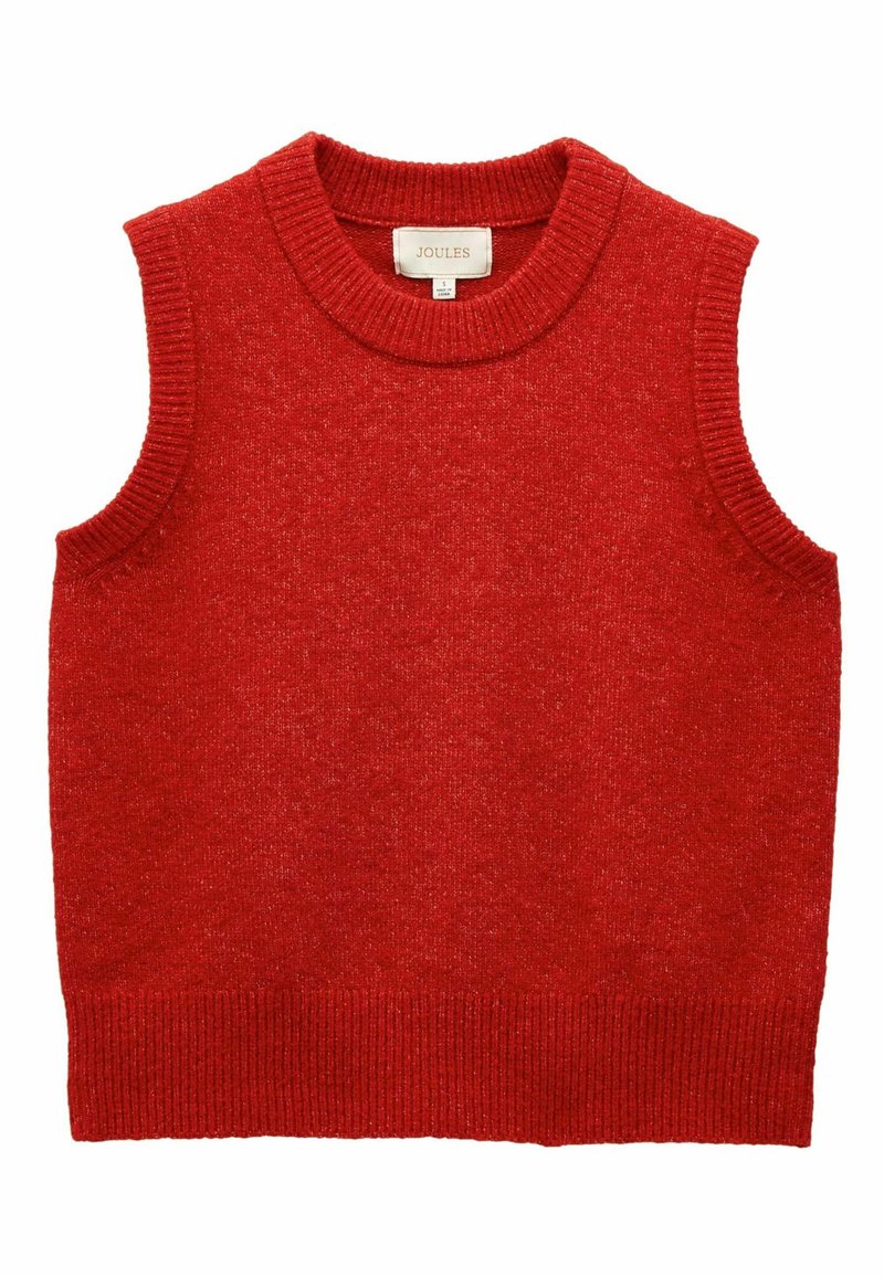Roter, ärmelloser Strickpullover mit geripptem Rundhalsausschnitt und -saum. Hergestellt aus weichem, strukturierter Stoff mit einer leicht lockeren Passform. Markenetikett sichtbar.