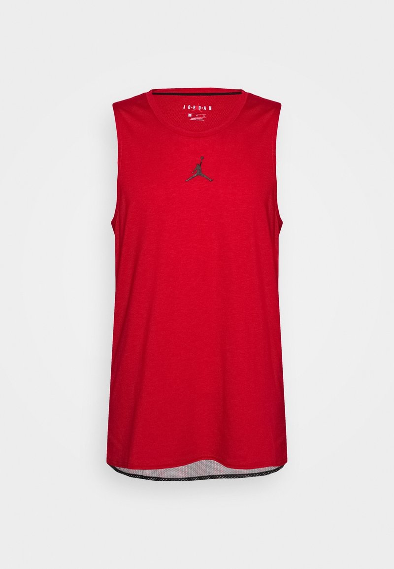 Débardeur de sport rouge sans manches avec logo Jumpman noir centré sur la poitrine et doublure en mesh visible au bas de l’ourlet.