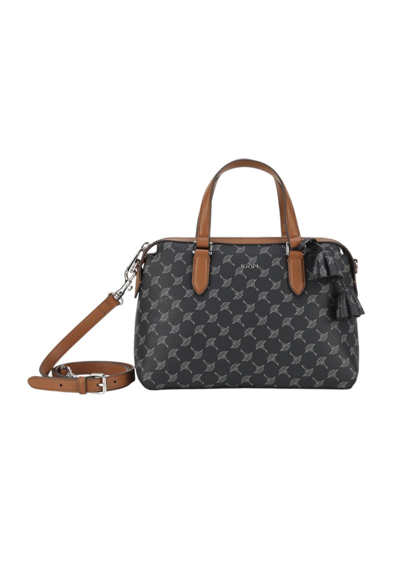Borsa a tracolla nera con motivo, realizzata in materiale sintetico, con manici in finta pelle marrone e una tracolla staccabile. Presenta un'accento a frange.