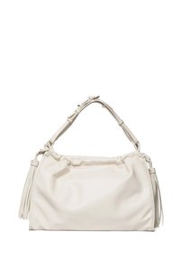 Borsa a mano in pelle bianca con un design morbido e strutturato, caratterizzata da dettagli con frange e una tracolla curvata. Texture liscia con dettagli arricciati.