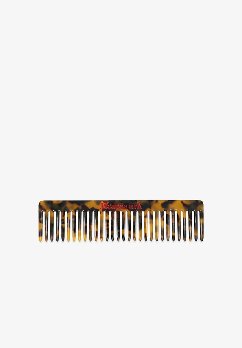Kammen van plastic met schildpadpatroon, voorzien van fijne en brede tanden voor veelzijdig stylen, met "Mamas ark" in het rood gedrukt.