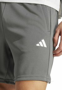 Pantalones cortos deportivos grises hechos de una tela suave con bolsillos laterales, que presentan un logo de tres franjas blancas en la pierna izquierda.