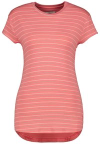 Koraal gestreept t-shirt met korte mouwen, ronde halslijn en een licht gebogen onderkant. Gemaakt van zacht, ribbelmateriaal met lichtgrijze strepen.
