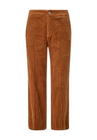 Pantalon en velours côtelé marron avec une coupe droite, présentant des côtes verticales, une fermeture à bouton devant et une texture lisse.