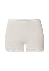 Boyshorts in cotone beige chiaro con una texture a costine, caratterizzati da un delicato orlo in pizzo nella parte inferiore con un motivo floreale.