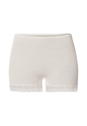 Lys beige bomulds boyshorts med ribbet struktur, der har en delikat blondekant forneden med et blomstermønster.