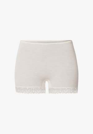 Light beige cotton boyshorts with a ribbed texture, featuring a delicate lace hem at the bottom with a floral pattern.