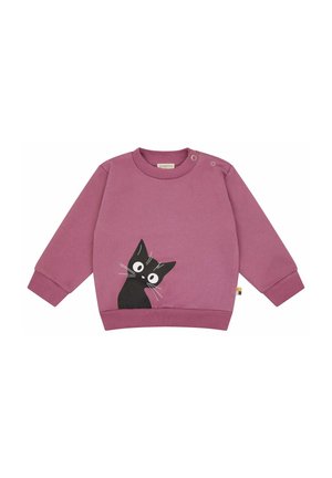 Mauve long-sleeve baby sweater with round neck, shoulder buttons, and black cartoon cat peeking from the bottom left side.
