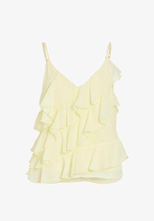 Hellgelbe ärmellose Bluse mit V-Ausschnitt und mehrlagigen Rüschendetails, mit dünnen verstellbaren Schulterträgern.