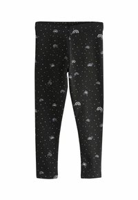 Schwarze Leggings aus dehnbarem Stoff, mit einem Muster aus kleinen Regenbögen und weißen Punkten auf der Oberfläche. Enganliegend, knöchellang.