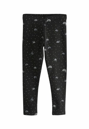 Zwarte legging van rekbaar materiaal, met een patroon van kleine regenbogen en witte stippen over het oppervlak. Strakke, volledige lengte design.