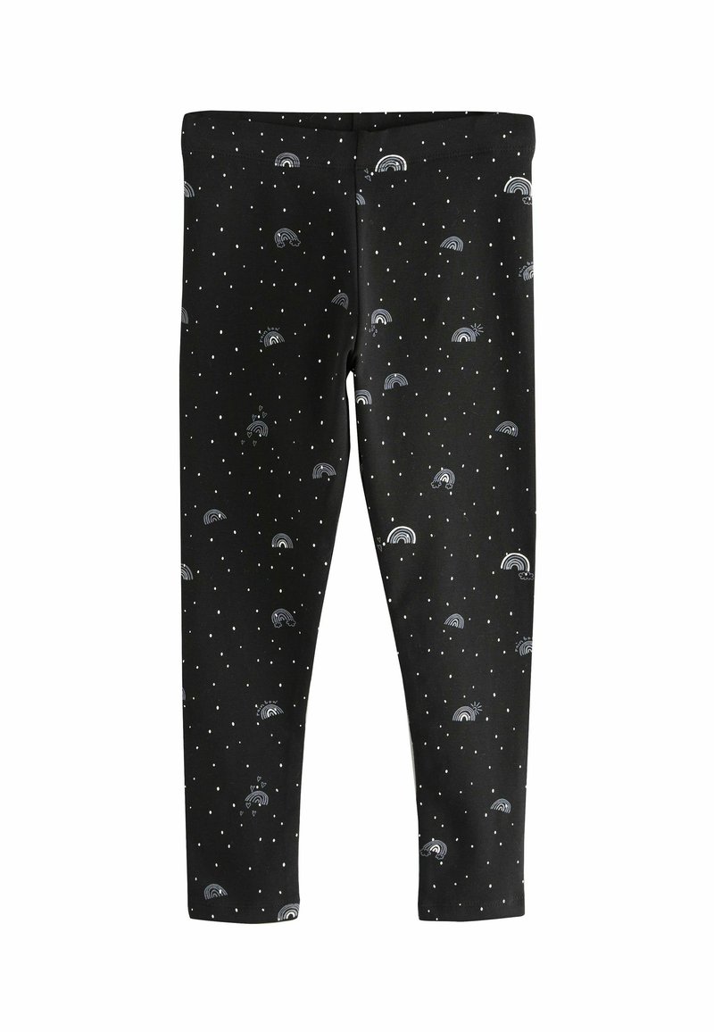 Schwarze Leggings aus dehnbarem Stoff, mit einem Muster aus kleinen Regenbögen und weißen Punkten auf der Oberfläche. Enganliegend, knöchellang.