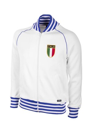 White zip-up jacket with blue and white striped cuffs and collar, Italy shield patch on chest, and small black Copa label above hem.