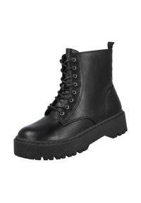 Botín de combate de cuero negro con cordones, suela gruesa estriada y lengüeta en la parte trasera, ligeramente inclinado hacia la derecha sobre un fondo blanco.