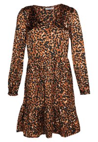 Leopardmönstrad klänning i orange, bruna och svarta nyanser; långa ärmar, volangärmar och en fläktad fåll, tillverkad av ett mjukt, lätt tyg.