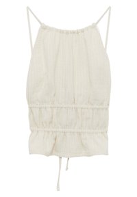 Haut sans manches beige clair avec fines bretelles, taille élastique, fines rayures verticales et cordon de serrage en bas.