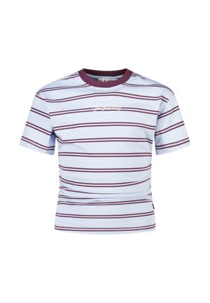 Wit T-shirt met korte mouwen met horizontale paarse strepen en een paarse ronde hals, met een klein ovaal logo op de borst.