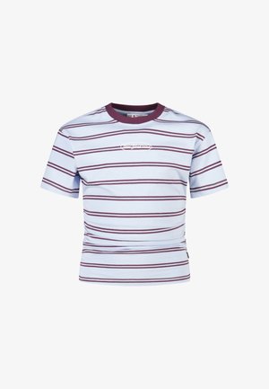 Wit T-shirt met korte mouwen met horizontale paarse strepen en een paarse ronde hals, met een klein ovaal logo op de borst.