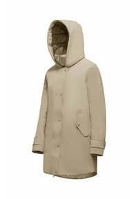 Beige waterdichte parka met capuchon, drukknoopsluiting en zakken aan de voorkant. Glad oppervlak met een gewatteerde voering. Lengte tot halverwege de bovenbenen.