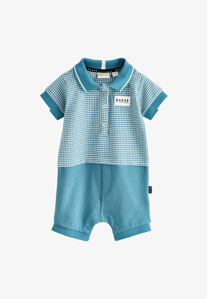 Teal krátký overal s krátkým rukávem vyrobený z bavlny; má kostkovanou horní část, jednobarevné dno, límec, tři knoflíky a malou značkovou nálepku.