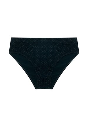 Schwarze Unterhosen mit kleinen roten Punkten, mit einem mittelhohen Bund und dehnbarem Stoff für einen bequemen Sitz.