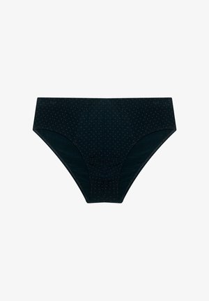 Schwarze Unterhosen mit kleinen roten Punkten, mit einem mittelhohen Bund und dehnbarem Stoff für einen bequemen Sitz.