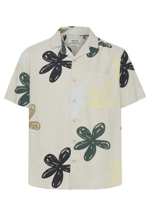 Kratki bež rukav s velikim cvjetnim uzorcima u crnoj, zelenoj, žutoj i svijetloplavoj boji; ima džep na prsima i kopčanje na gumbe.