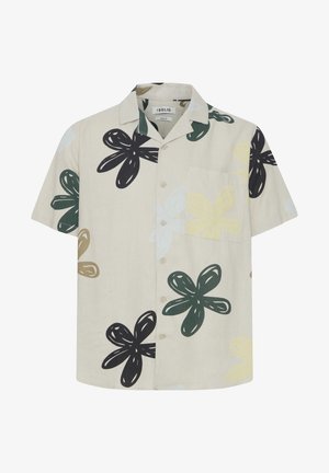 Kratki bež rukav s velikim cvjetnim uzorcima u crnoj, zelenoj, žutoj i svijetloplavoj boji; ima džep na prsima i kopčanje na gumbe.