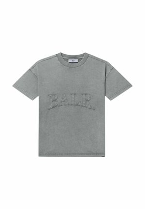 Graues Baumwoll-T-Shirt mit kurzen Ärmeln, das ein erhabenes, gesticktes "BALR."-Logo auf der Vorderseite und eine glatte, gleichmäßige Textur aufweist.