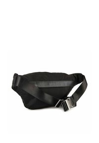 Sac banane en tissu noir avec sangle réglable et boucle en métal, conçu pour un port mains libres.