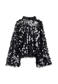 Musta paljettitoppi, jossa on pitkät leveät hihat. Ominaisuuksiin kuuluvat pyöreät hopea- ja mustat paljetit, läpikuultava kangas ja korkea pääntie takasuljennalla.