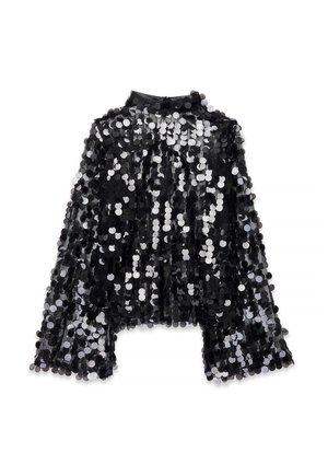 Zwarte pailletten top met lange, flared mouwen. Kenmerken zijn ronde zilveren en zwarte pailletten, doorschijnende stof en een hoge hals met een sluiting aan de achterkant.